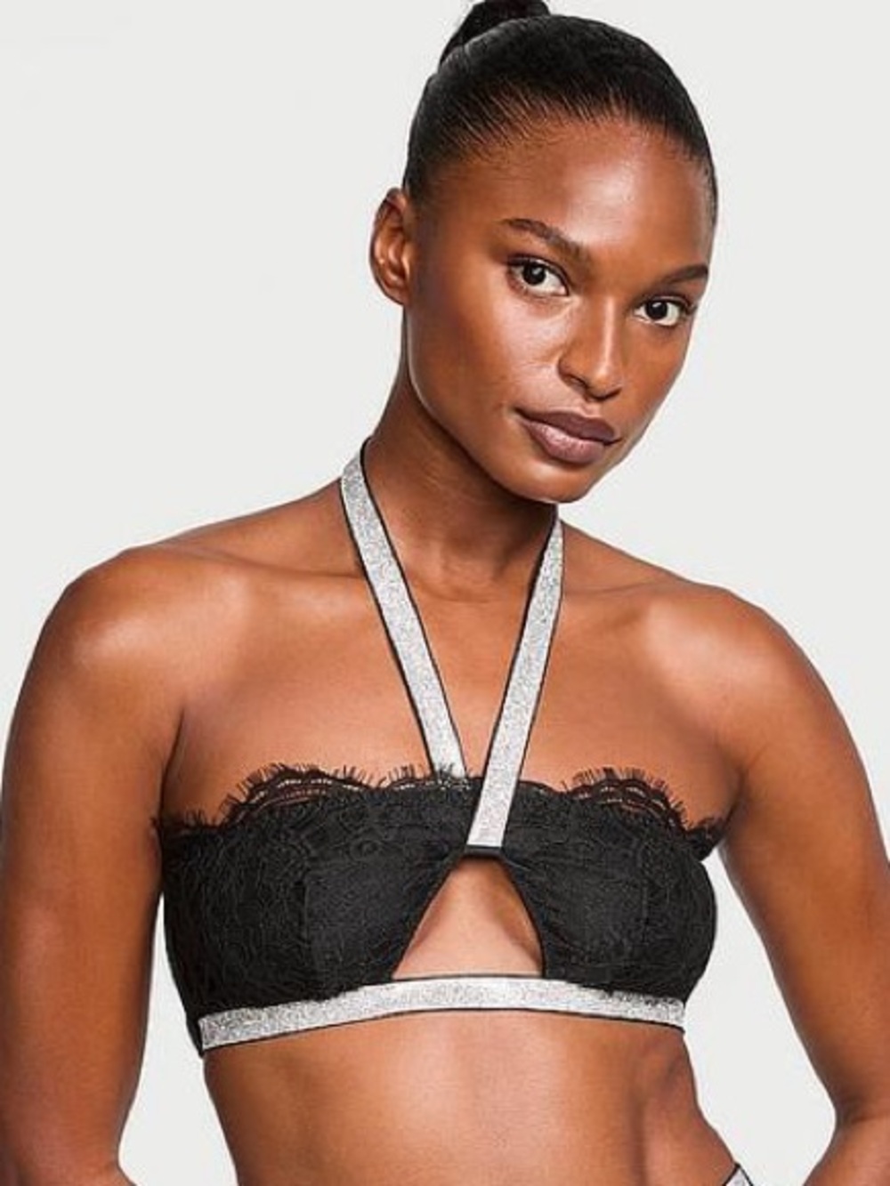 NWT Victoria’s Secret Shine Strap Halter Bralette black lace rhinestones L